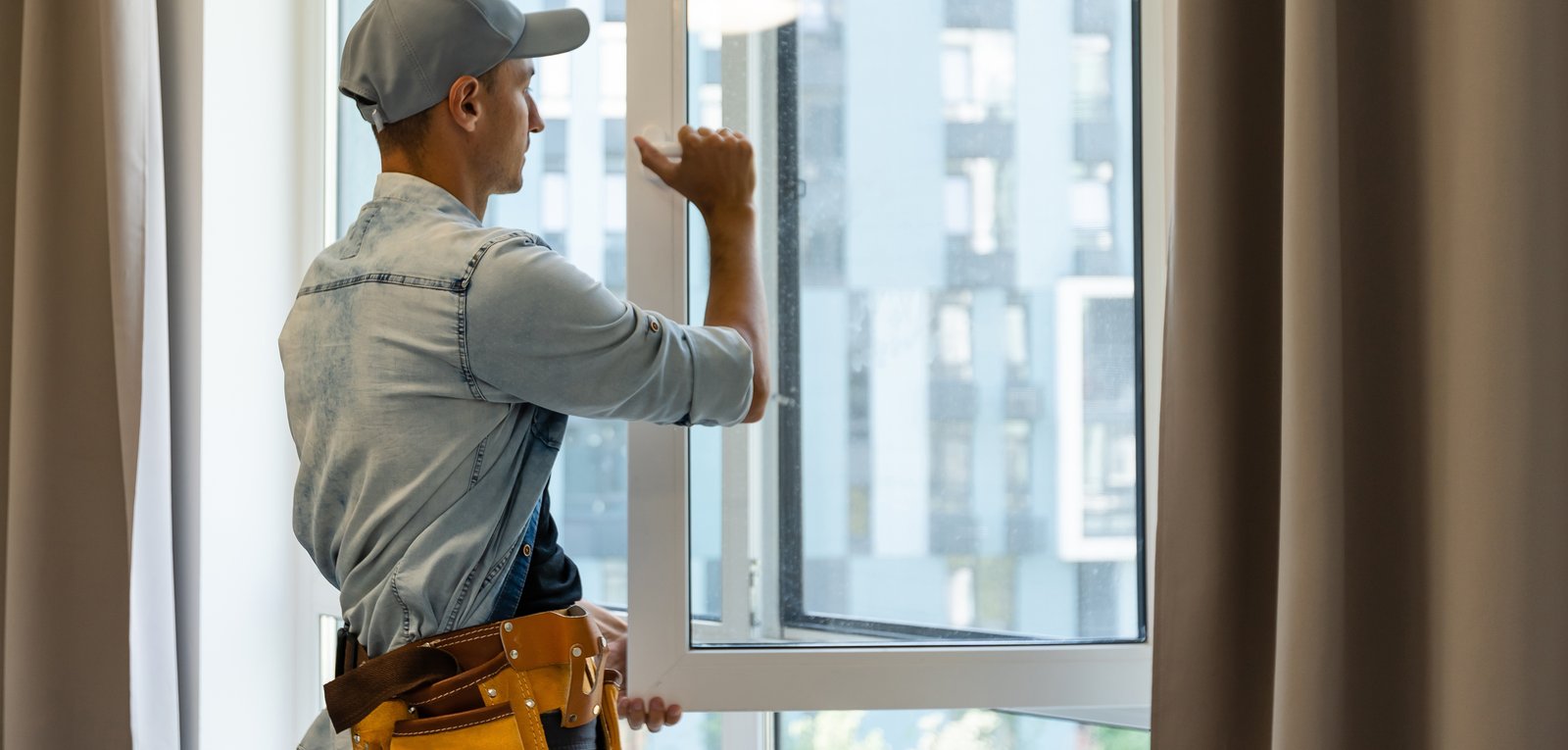 A tradesperson in a cap fitting a window handle with a high-rise building visible outside