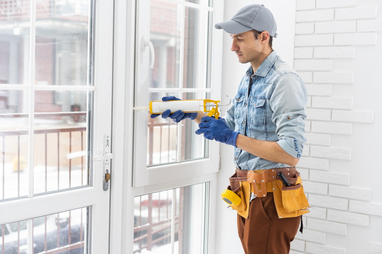 A tradesperson sealing the edge of a uPVC window frame with a sealant gun