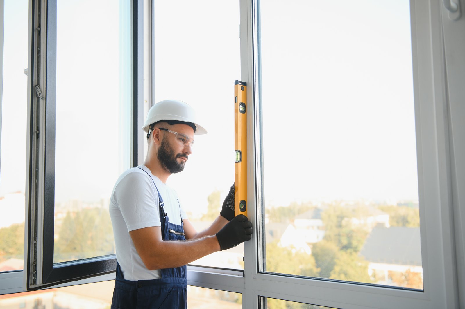 A tradesperson checking a window frame for level with a spirit level, high-rise view beyond